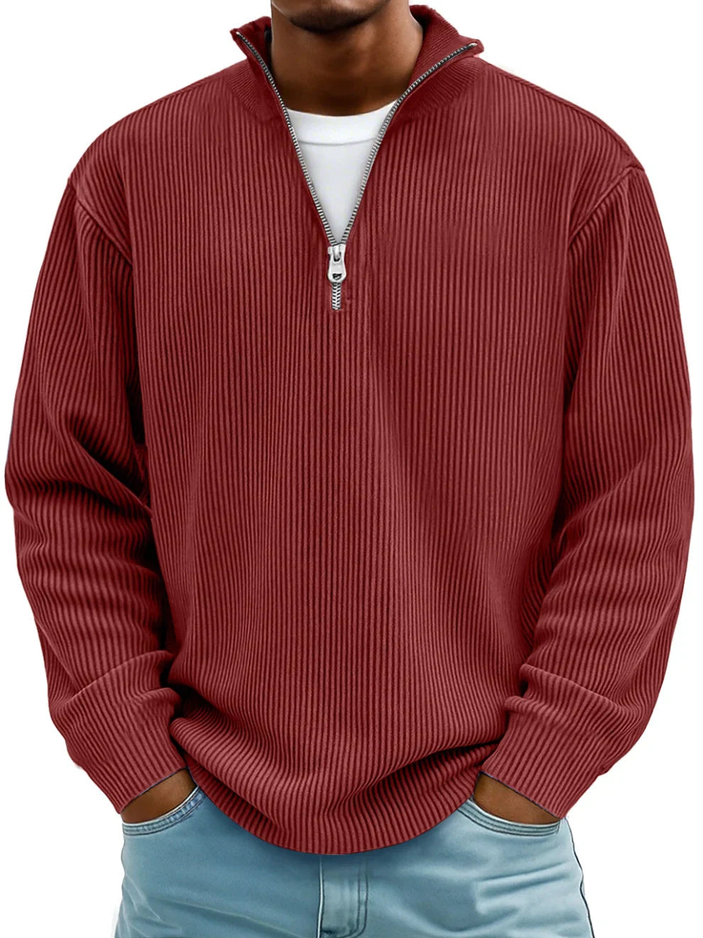 Vireon | Men's Half Zip Jumper Relaxed Fit Durable Knit Casual Pullover Sweater Layer-Men's Sweater-Red-S-