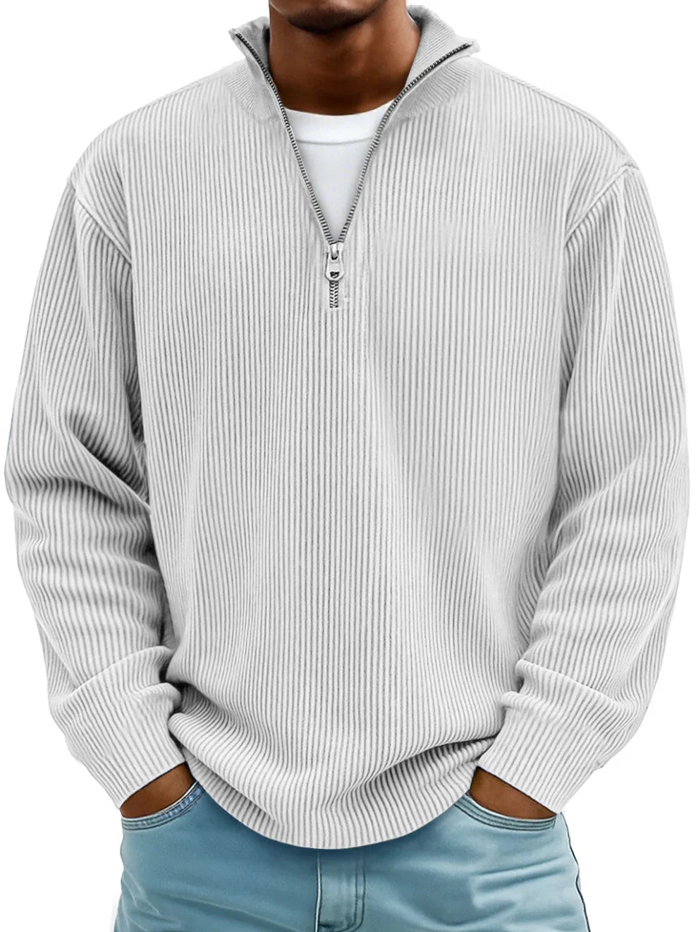 Vireon | Men's Half Zip Jumper Relaxed Fit Durable Knit Casual Pullover Sweater Layer-Men's Sweater-White-S-