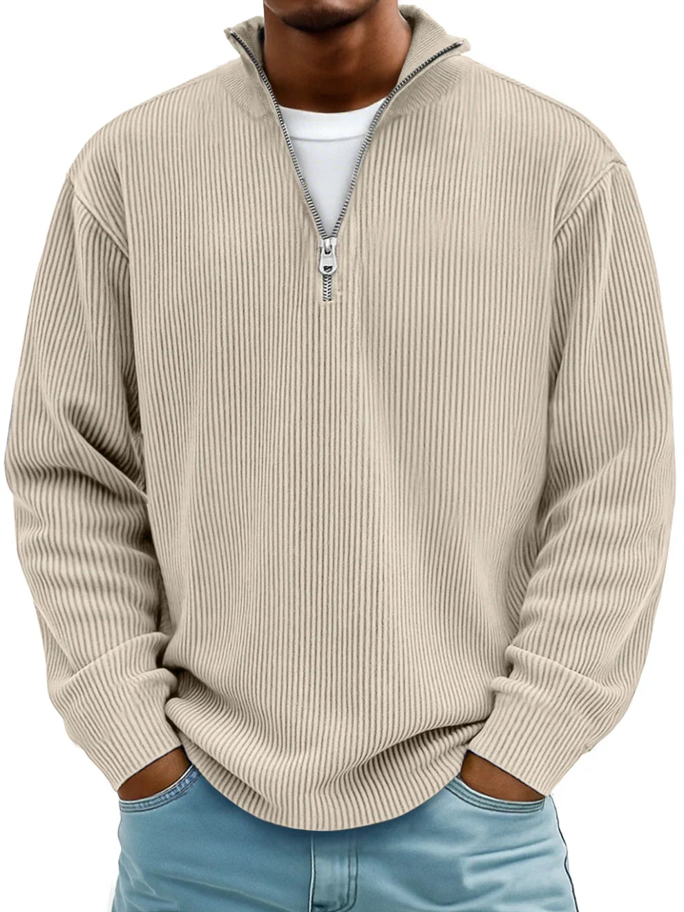 Vireon | Men's Half Zip Jumper Relaxed Fit Durable Knit Casual Pullover Sweater Layer-Men's Sweater-Khaki-S-