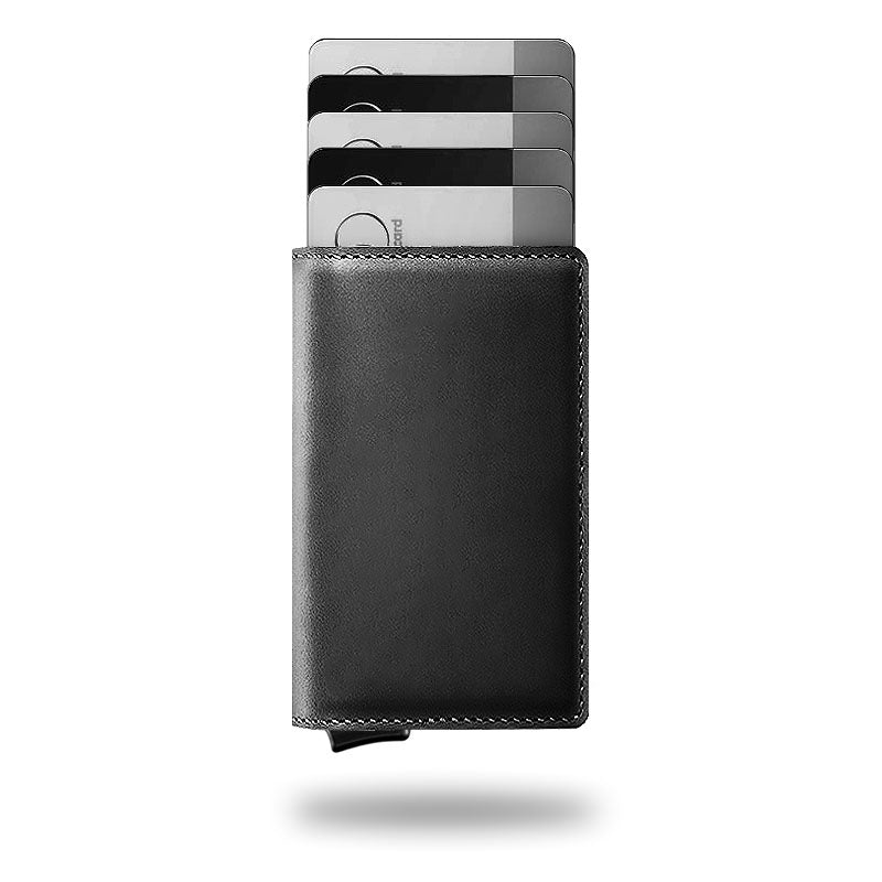 Black slim leather wallet with card slots and pop-up stacker style front