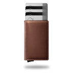 Slim leather wallet card holder in dark brown with stitched edges and card slots