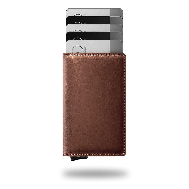 Slim leather wallet card holder in dark brown with stitched edges and card slots