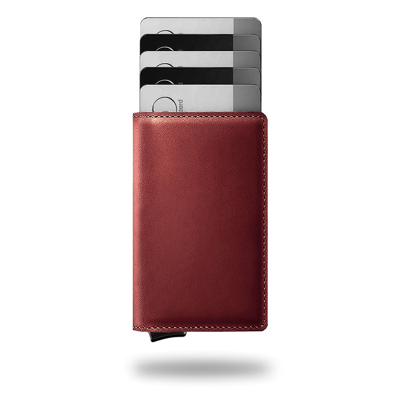 Slim leather wallet card holder in red with stitched edges and card slots
