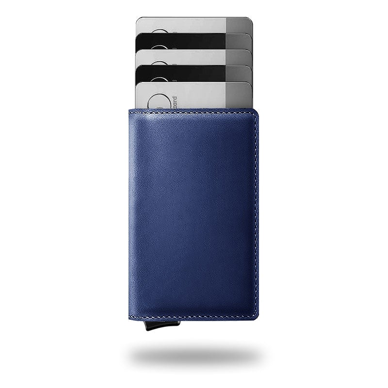 Slim leather wallet card holder in blue with stitched edges and card slots