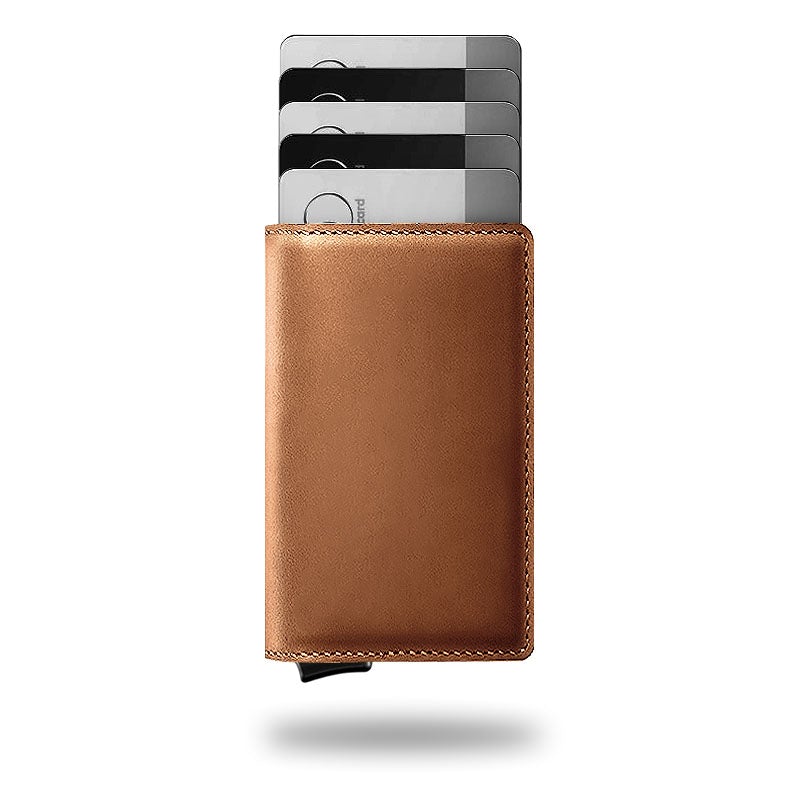 Slim leather wallet card holder in caramel brown with stitched edges and card slots