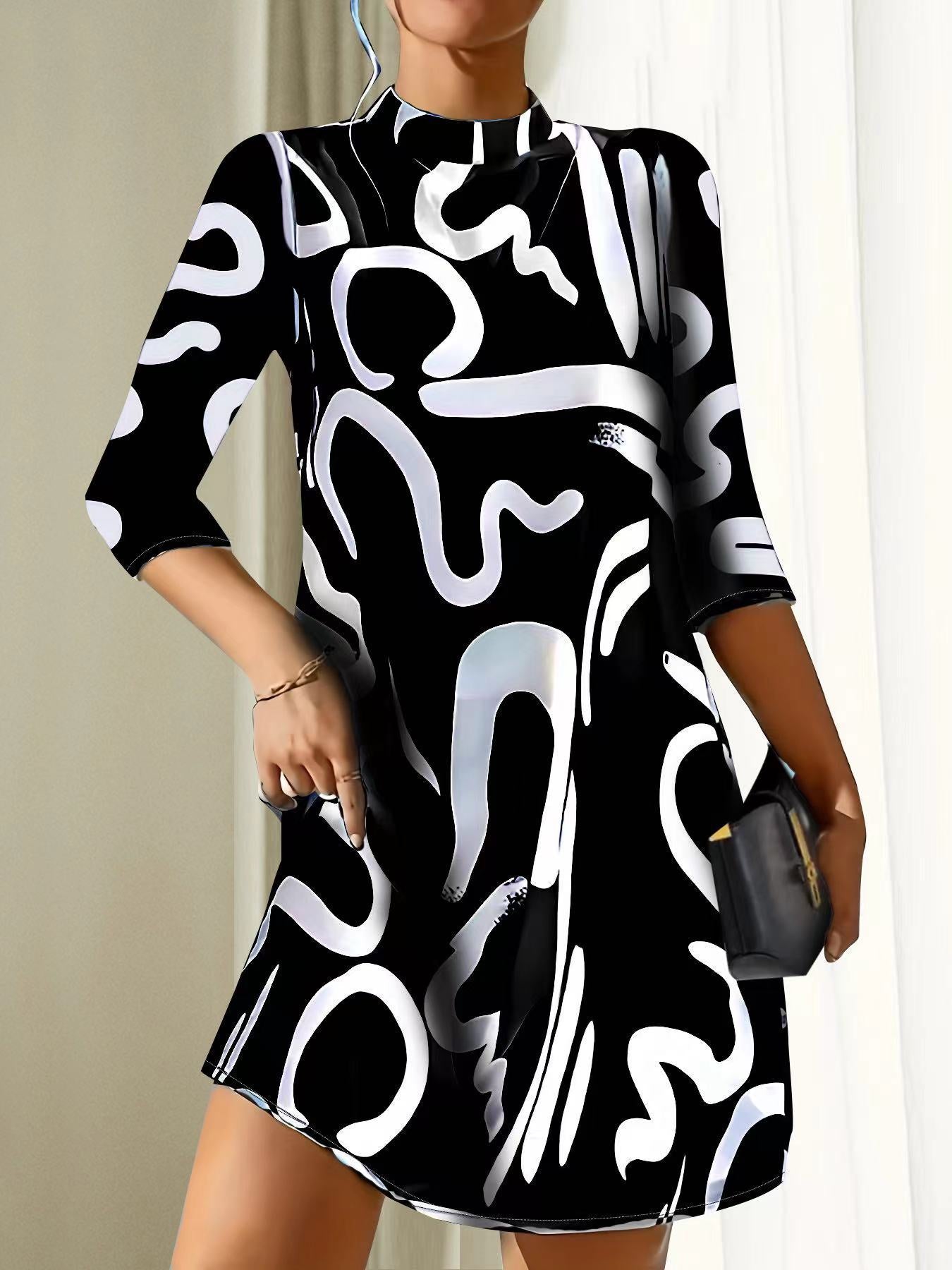 Alanna Women's Mini Dress - Round Neck 3/4 Sleeve Summer Style-Floral Printed Dress-Black-XS-Camoufit