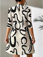 Alanna Women's Mini Dress - Round Neck 3/4 Sleeve Summer Style-Floral Printed Dress-Black-XS-Camoufit