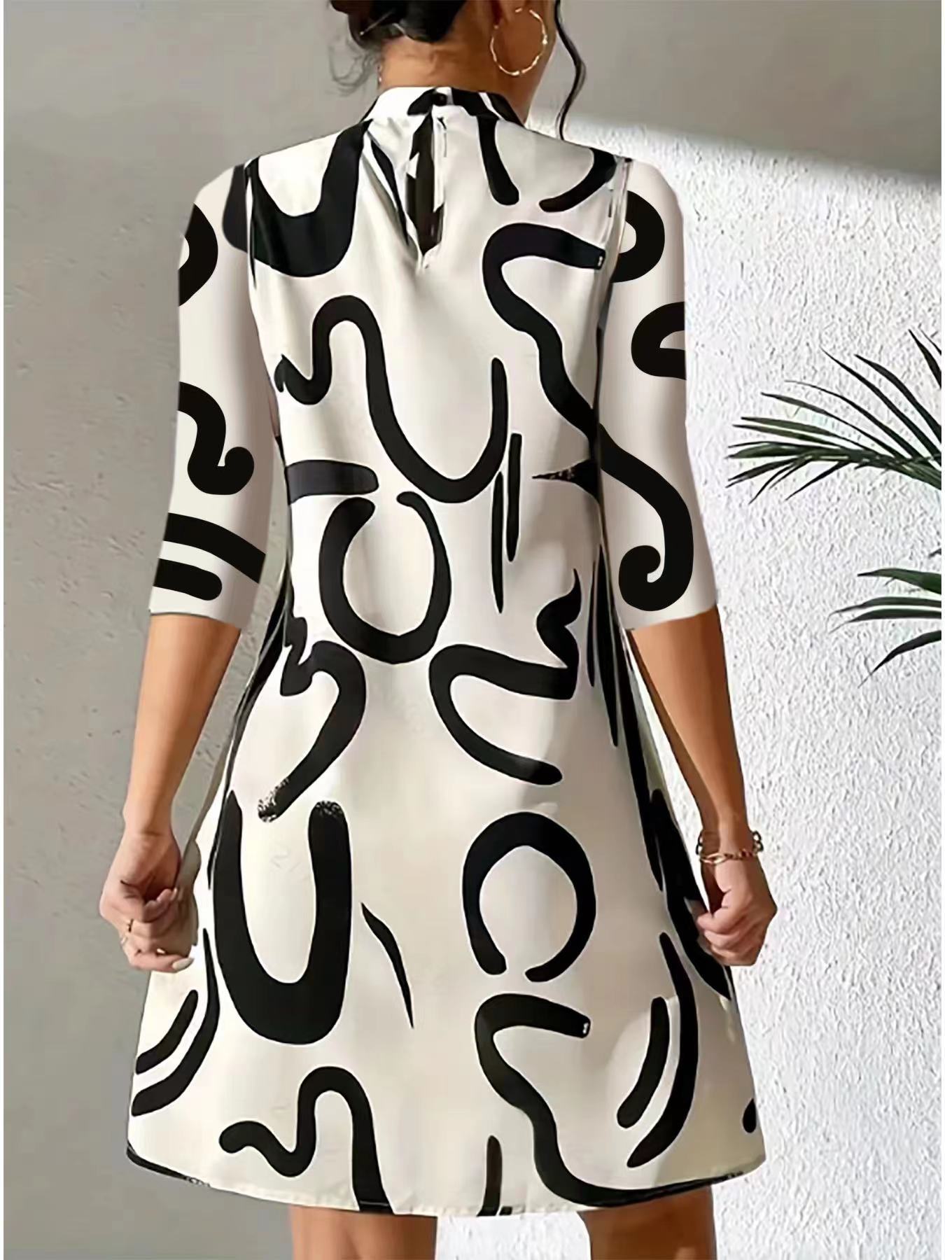 Alanna Women's Mini Dress - Round Neck 3/4 Sleeve Summer Style-Floral Printed Dress-Black-XS-Camoufit