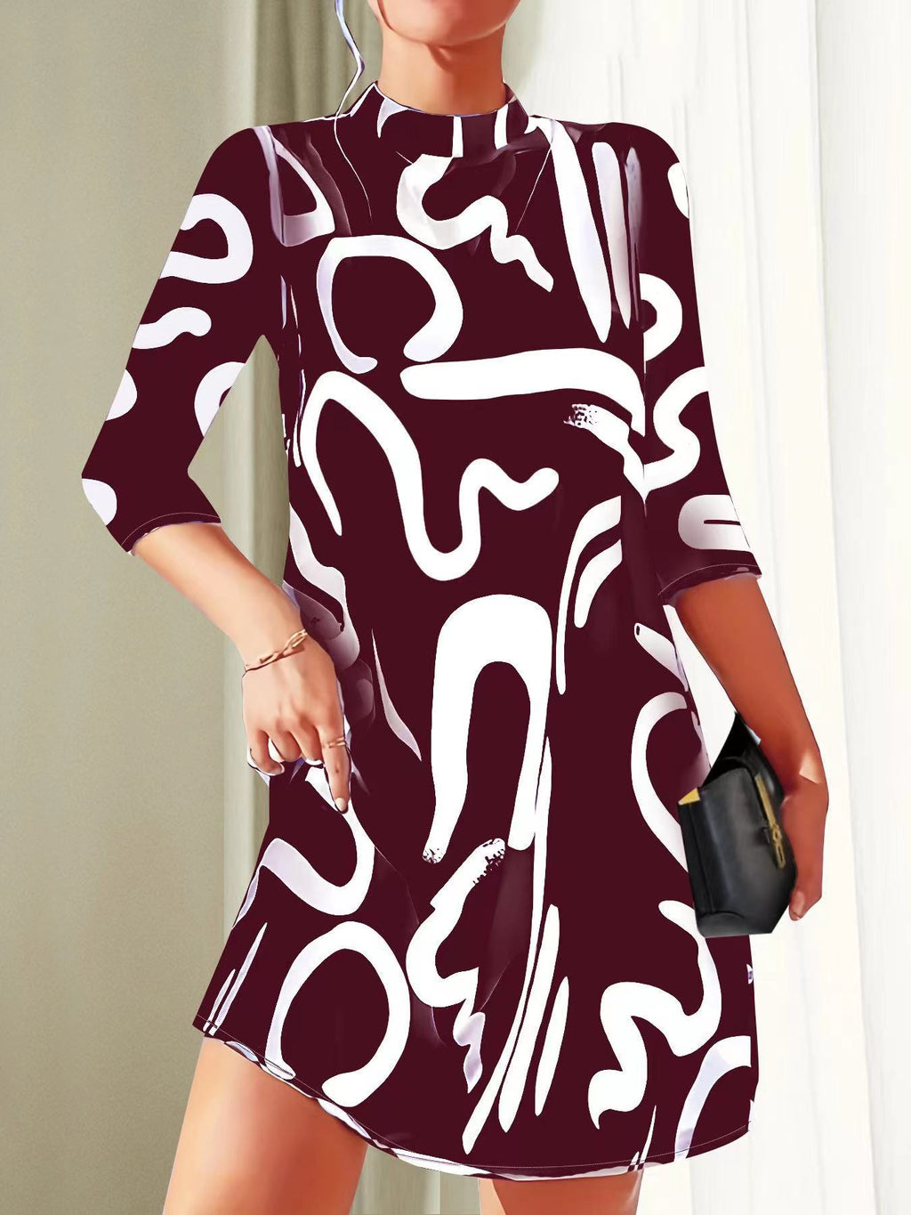 Alanna Women's Mini Dress - Round Neck 3/4 Sleeve Summer Style-Floral Printed Dress-Burgundy-XS-Camoufit