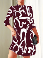 Alanna Women's Mini Dress - Round Neck 3/4 Sleeve Summer Style-Floral Printed Dress-Burgundy-XS-Camoufit