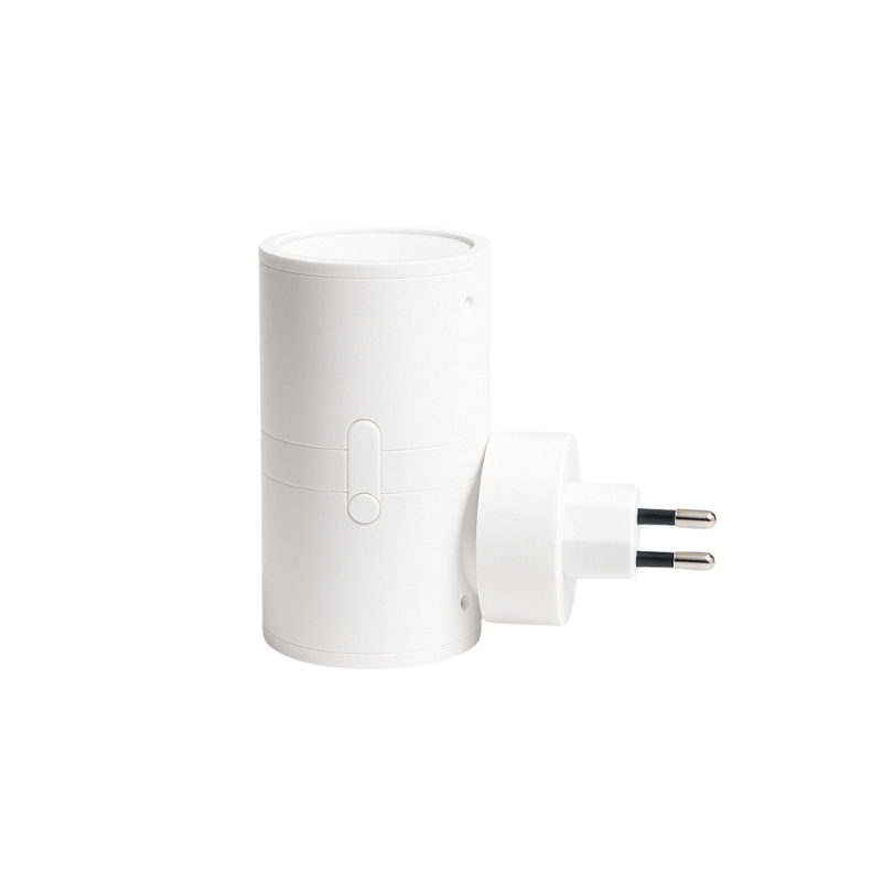 White cylindrical plug-in LED night light with warm-lit top and two-prong plug