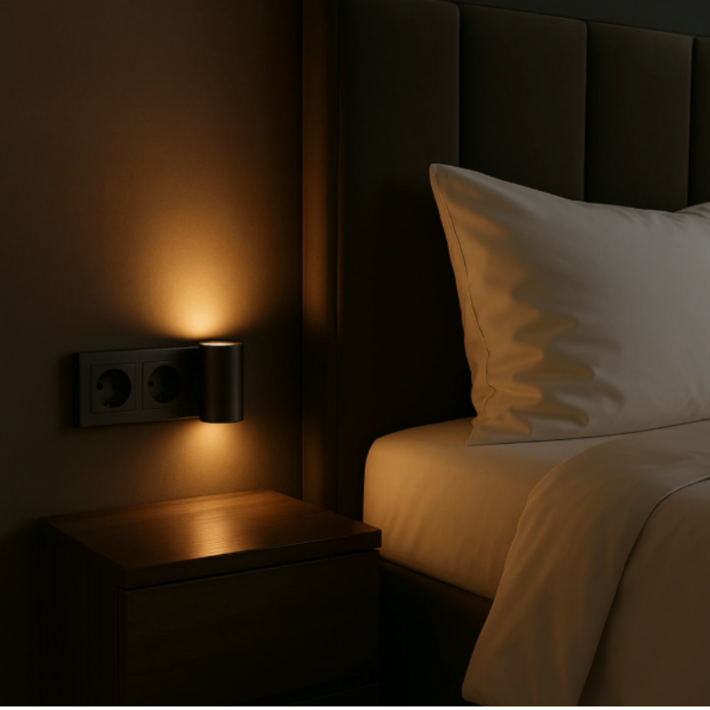 Black plug-in LED wall light beside bed, warm light on wall