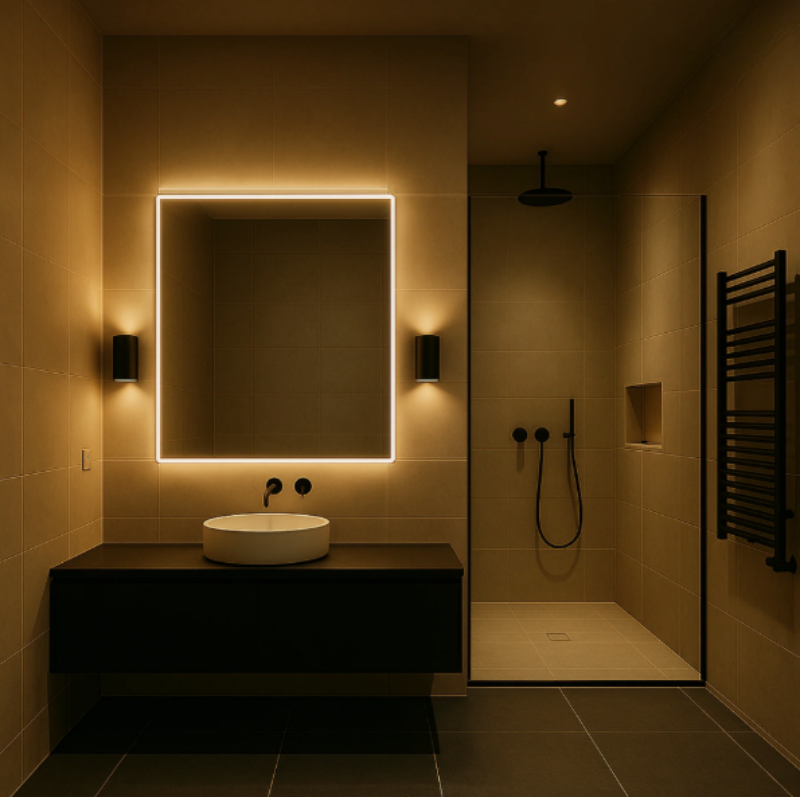 Black plug-in LED wall lights casting warm light on bathroom wall