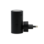 Black cylindrical plug-in LED wall light with switch detail and two-prong plug