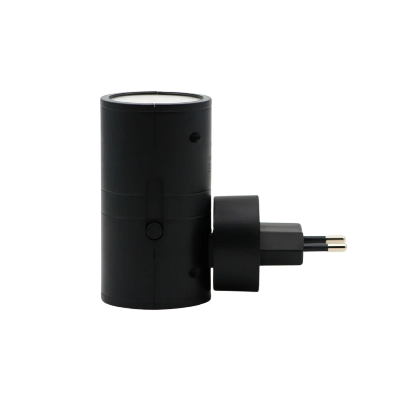 Black cylindrical plug-in LED wall light with switch detail and two-prong plug