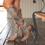 Aléora | Vintage High-Cut Boots for Women – Studded Chunky Heel Fit-Women's Cowboy Boots-Brown-3-Camoufit