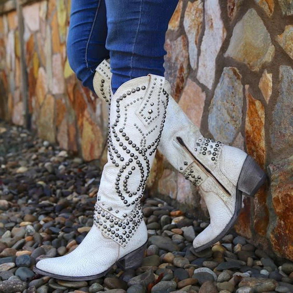 Aléora | Vintage High-Cut Boots for Women – Studded Chunky Heel Fit-Women's Cowboy Boots-White-3-Camoufit