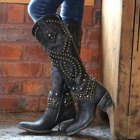 Aléora | Vintage High-Cut Boots for Women – Studded Chunky Heel Fit-Women's Cowboy Boots-Black-3-Camoufit