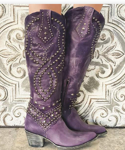 Aléora | Vintage High-Cut Boots for Women – Studded Chunky Heel Fit-Women's Cowboy Boots-Purple-3-Camoufit