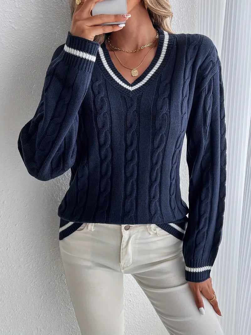 Avenza | Women's V-Neck Cable Knit Jumper Long Sleeve Striped Trim Cosy Preppy Pullover Sweater-Women's Sweater-Navy Blue-S-