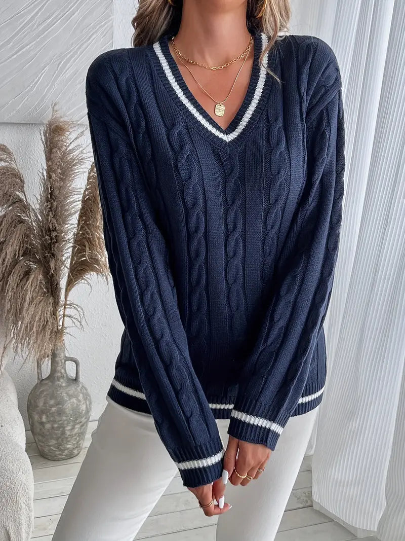 Avenza | Women's V-Neck Cable Knit Jumper Long Sleeve Striped Trim Cosy Preppy Pullover Sweater-Women's Sweater-Navy Blue-S-