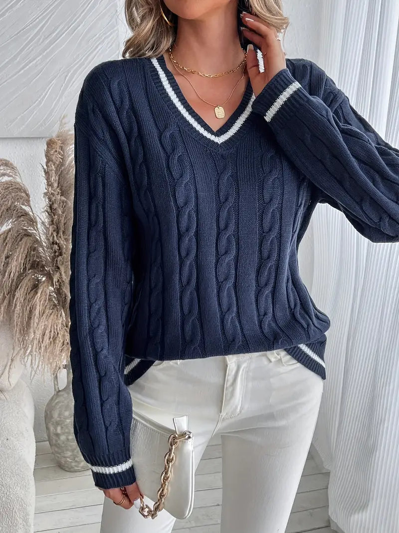Avenza | Women's V-Neck Cable Knit Jumper Long Sleeve Striped Trim Cosy Preppy Pullover Sweater-Women's Sweater-Navy Blue-S-