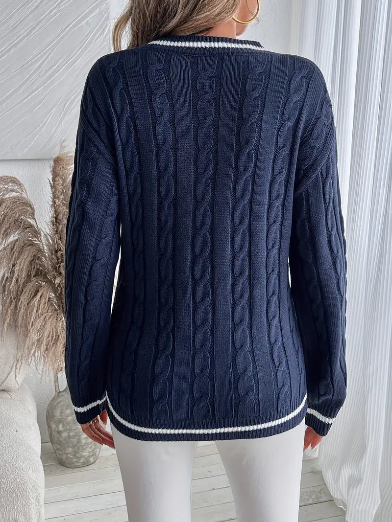Avenza | Women's V-Neck Cable Knit Jumper Long Sleeve Striped Trim Cosy Preppy Pullover Sweater-Women's Sweater-Navy Blue-S-