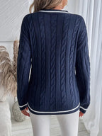 Avenza | Women's V-Neck Cable Knit Jumper Long Sleeve Striped Trim Cosy Preppy Pullover Sweater-Women's Sweater-Navy Blue-S-