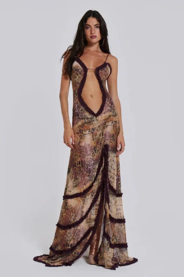 Vireya | Maxi Dress for Women - Sunrose Mesh Ruffle Flowy Flattering Elegant Everyday Fit-Maxi Dress-Brown-S-Camoufit