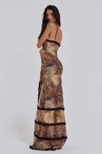 Vireya | Maxi Dress for Women - Sunrose Mesh Ruffle Flowy Flattering Elegant Everyday Fit-Maxi Dress-Brown-S-Camoufit