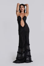 Vireya | Maxi Dress for Women - Sunrose Mesh Ruffle Flowy Flattering Elegant Everyday Fit-Maxi Dress-Brown-S-Camoufit