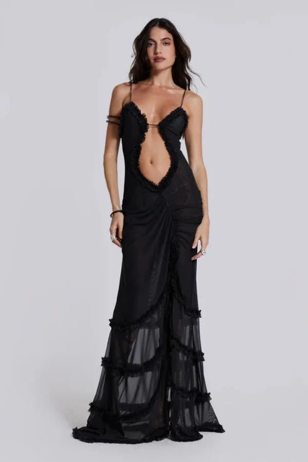 Vireya | Maxi Dress for Women - Sunrose Mesh Ruffle Flowy Flattering Elegant Everyday Fit-Maxi Dress-Black-S-Camoufit