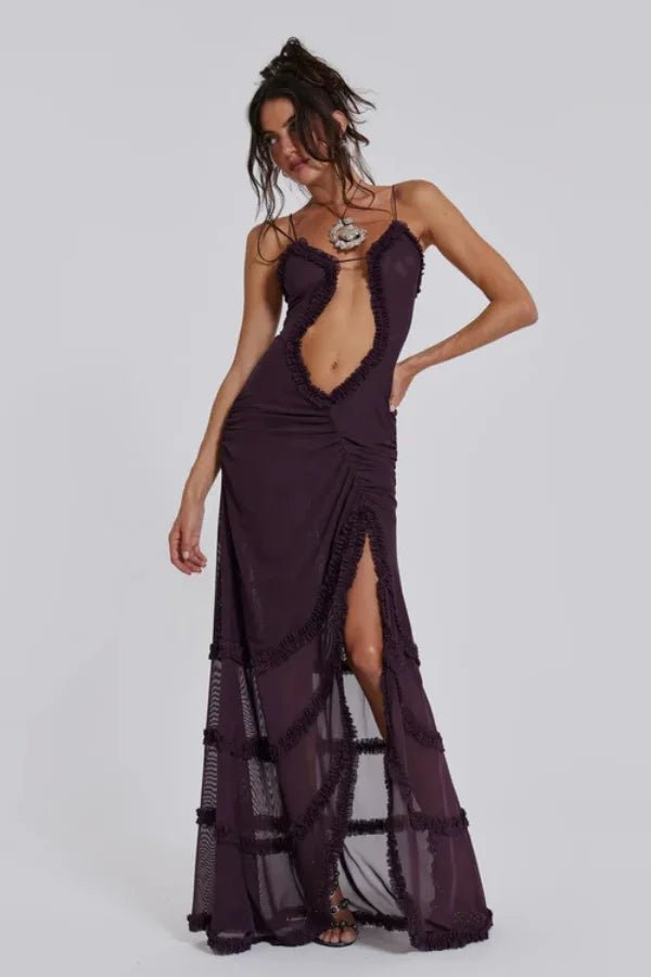 Vireya | Maxi Dress for Women - Sunrose Mesh Ruffle Flowy Flattering Elegant Everyday Fit-Maxi Dress-Brown-S-Camoufit