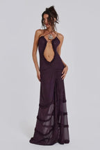Vireya | Maxi Dress for Women - Sunrose Mesh Ruffle Flowy Flattering Elegant Everyday Fit-Maxi Dress-Violet-S-Camoufit