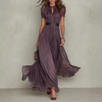 Elysora | Chiffon Maxi Dress for Women - High Neck Lace Keyhole Layered Elegant Flattering Fit-Maxi Dress-XS-Camoufit