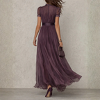 Elysora | Chiffon Maxi Dress for Women - High Neck Lace Keyhole Layered Elegant Flattering Fit-Maxi Dress-XS-Camoufit