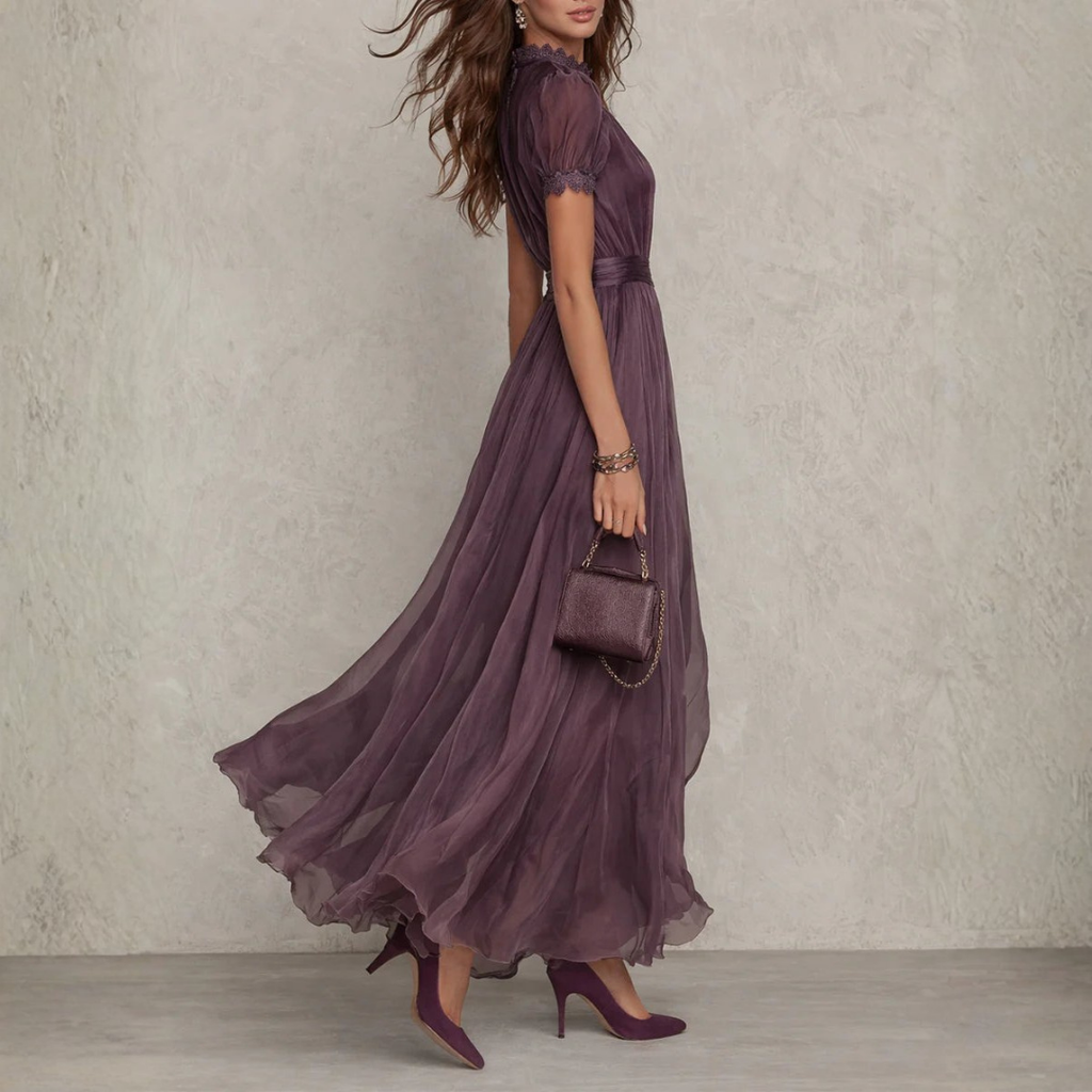 Elysora | Chiffon Maxi Dress for Women - High Neck Lace Keyhole Layered Elegant Flattering Fit-Maxi Dress-XS-Camoufit