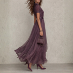 Elysora | Chiffon Maxi Dress for Women - High Neck Lace Keyhole Layered Elegant Flattering Fit-Maxi Dress-XS-Camoufit