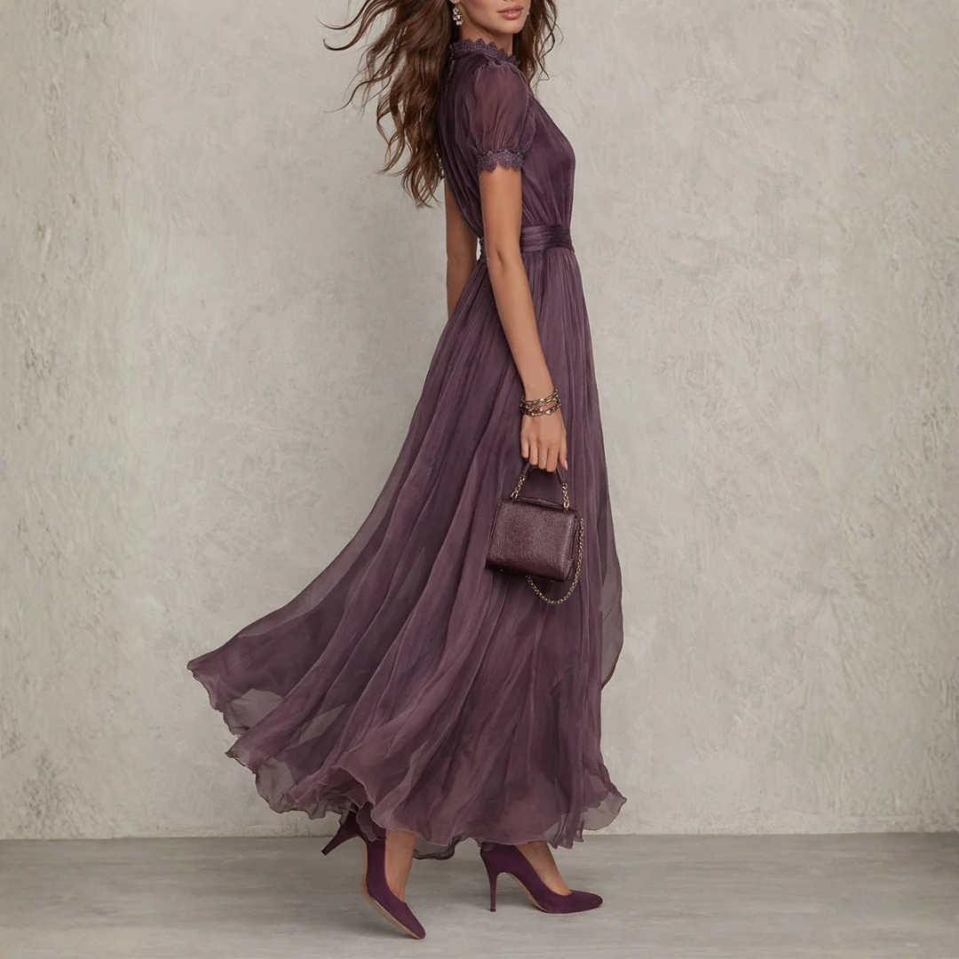 Elysora | Chiffon Maxi Dress for Women - High Neck Lace Keyhole Layered Elegant Flattering Fit-Maxi Dress-XS-Camoufit