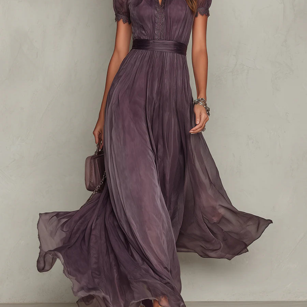 Elysora | Chiffon Maxi Dress for Women - High Neck Lace Keyhole Layered Elegant Flattering Fit-Maxi Dress-XS-Camoufit