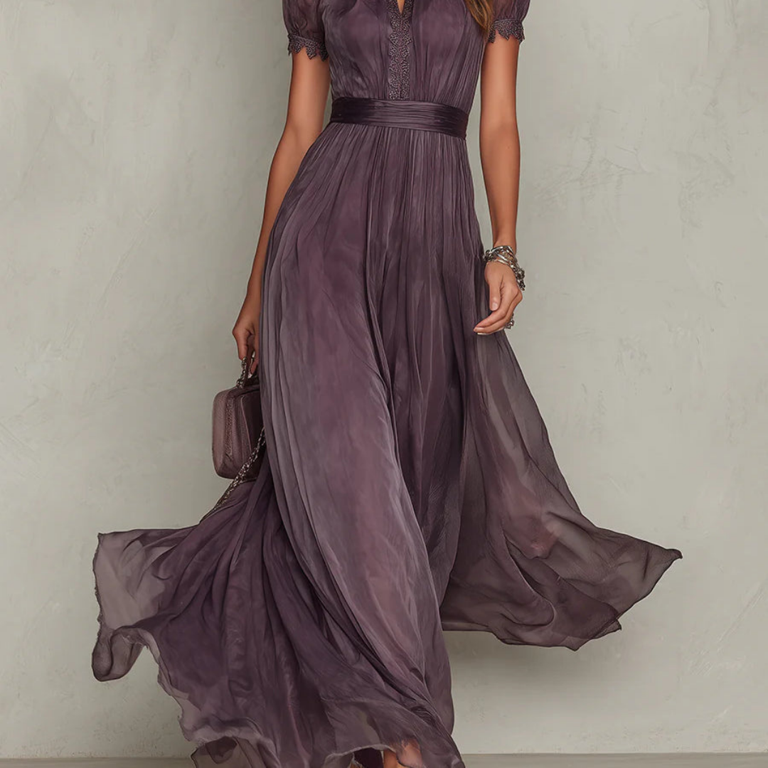 Elysora | Chiffon Maxi Dress for Women - High Neck Lace Keyhole Layered Elegant Flattering Fit-Maxi Dress-XS-Camoufit