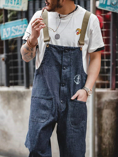 American Retro Style Navy Deck Overalls-Jumpsuits & Overalls-Dark Blue-S-Camoufit