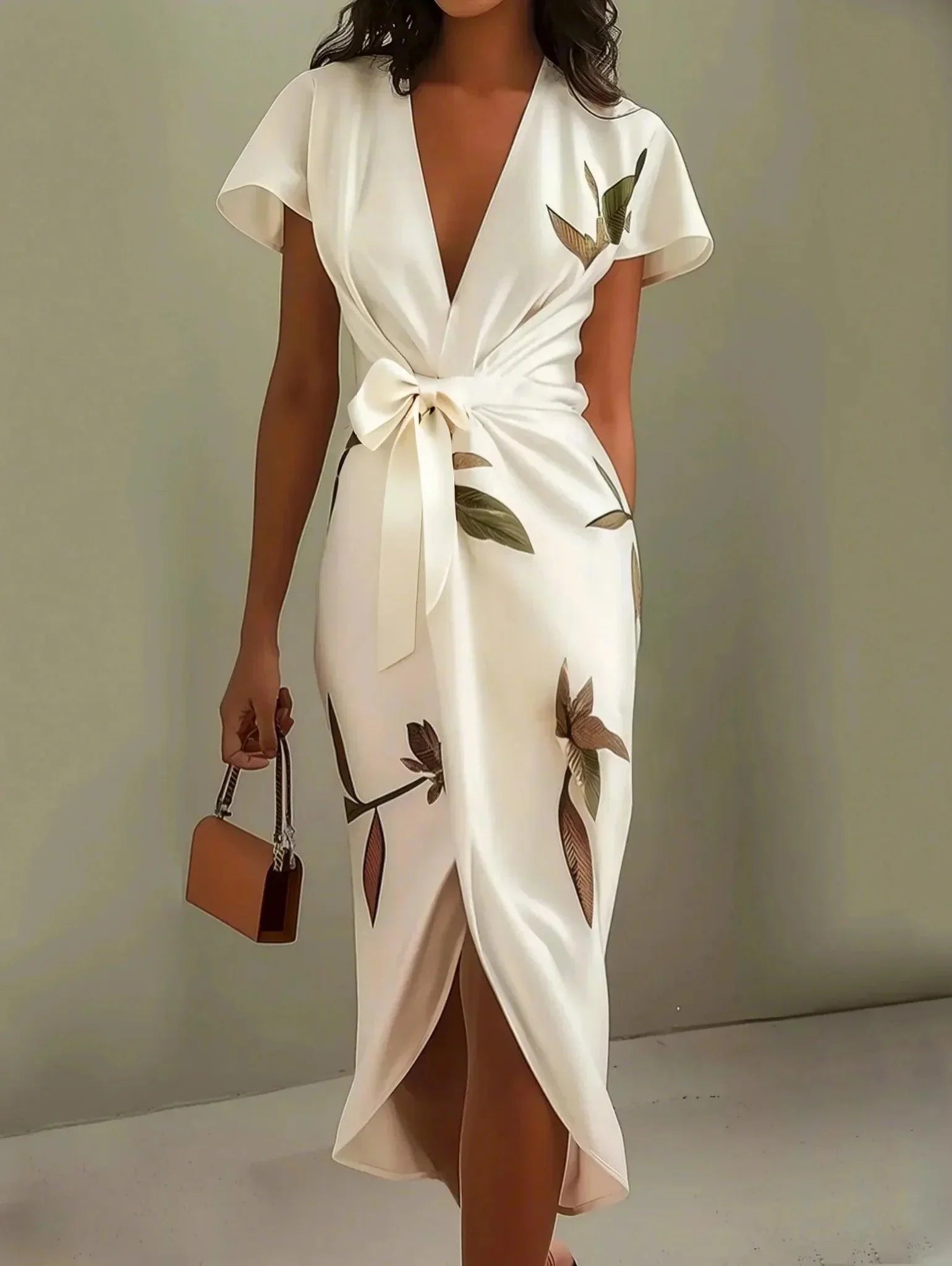 Women's Elegant Wrap Dress with Leaf Print Tie Belt Flattering Silhouette Flowy Maxi Dress-Dresses-White-S-