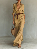 Vionelle | Wrap Dress for Women – Lapel Neck Tie Waist Elegant Fit-Dresses-Khaki-XS-Camoufit