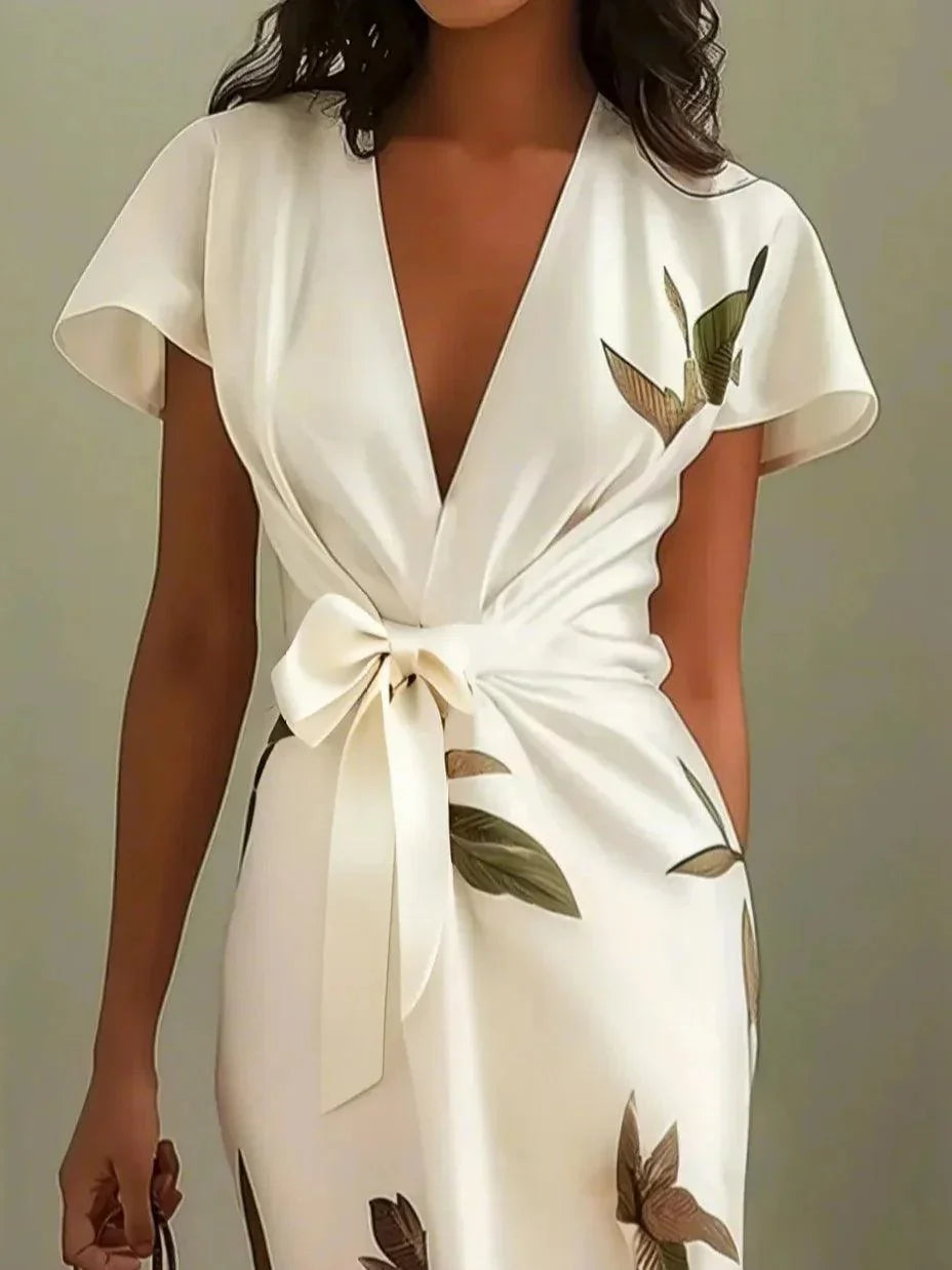 Women's Elegant Wrap Dress with Leaf Print Tie Belt Flattering Silhouette Flowy Maxi Dress-Dresses-White-S-