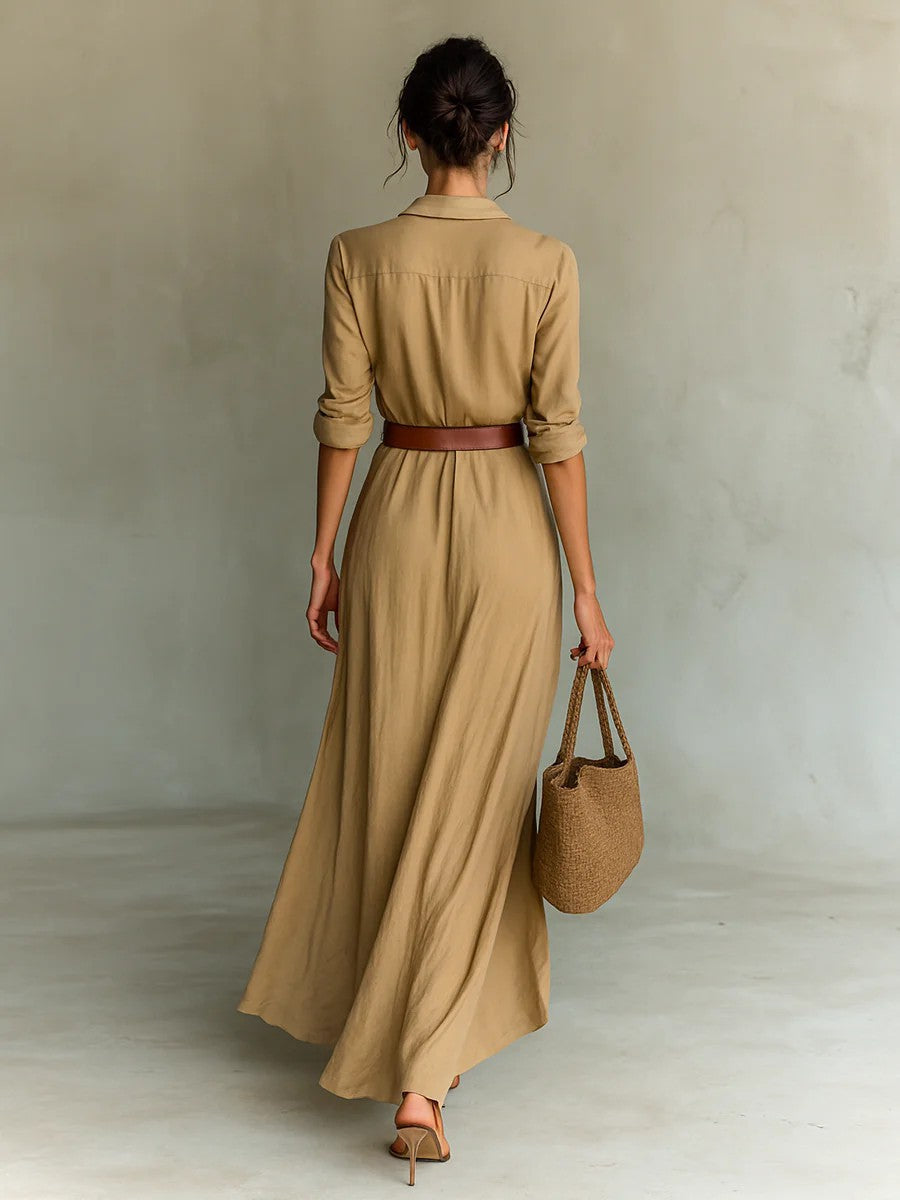Vionelle | Wrap Dress for Women – Lapel Neck Tie Waist Elegant Fit-Dresses-Khaki-XS-Camoufit
