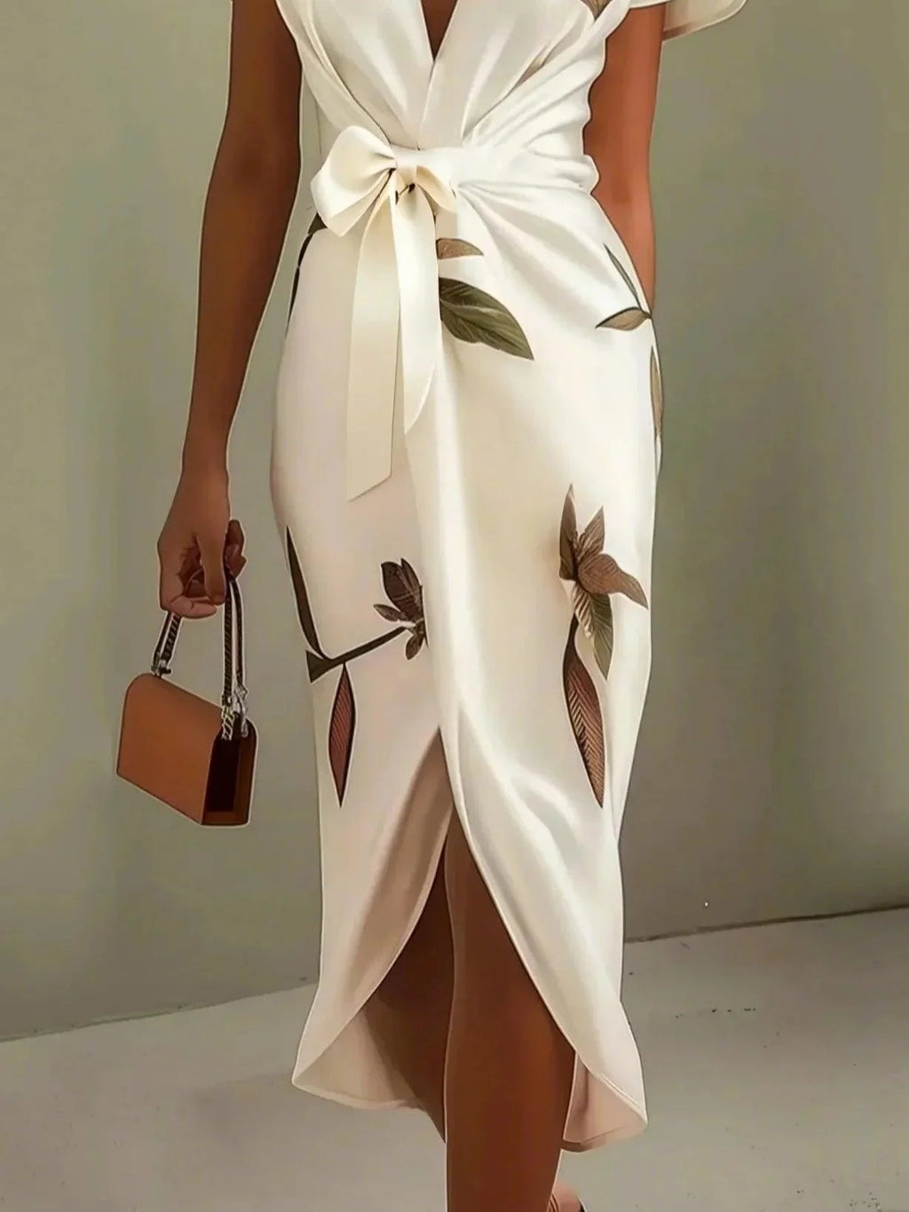 Women's Elegant Wrap Dress with Leaf Print Tie Belt Flattering Silhouette Flowy Maxi Dress-Dresses-White-S-