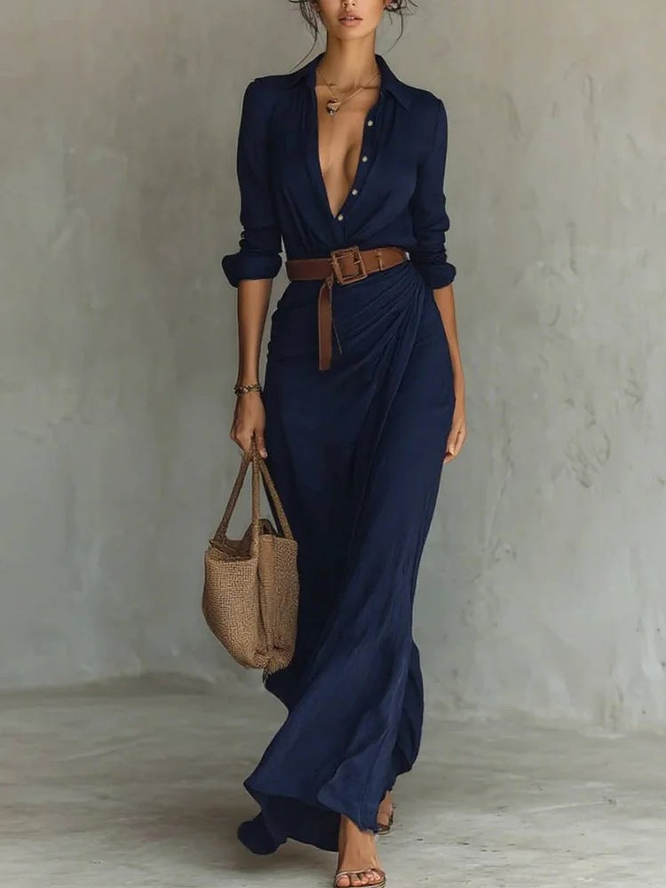 Vionelle | Wrap Dress for Women – Lapel Neck Tie Waist Elegant Fit-Dresses-Blue-XS-Camoufit