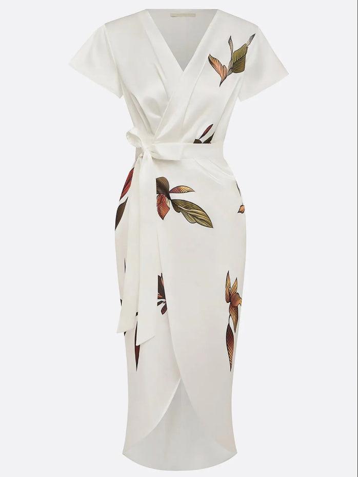 Women's Elegant Wrap Dress with Leaf Print Tie Belt Flattering Silhouette Flowy Maxi Dress-Dresses-White-S-