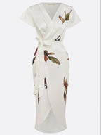 Women's Elegant Wrap Dress with Leaf Print Tie Belt Flattering Silhouette Flowy Maxi Dress-Dresses-White-S-